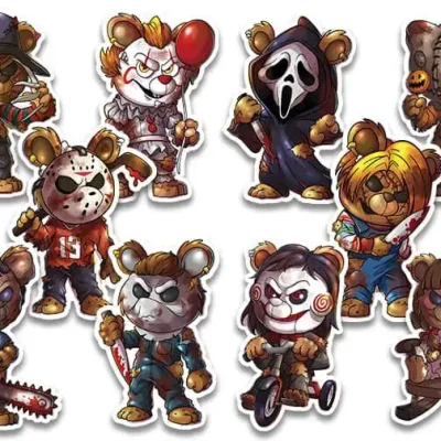The Original Deady Bears Sticker Sheet – 10 collectible horror-themed bear designs inspired by classic movie villains, each illustrated in vivid detail for flat vending machines.