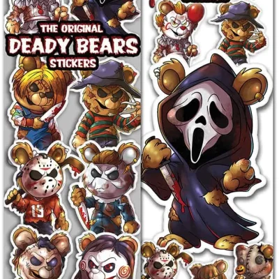 The Original Deady Bears Stickers – Packaging featuring horror-style teddy bears modeled after iconic movie characters, bold red dripping title design, and collectible sticker display.