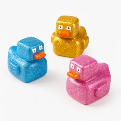 Glitter cube rubber ducks in blue, gold and pink for carnival prizes and vending