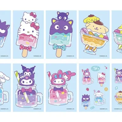 Alt text: “Hello Kitty And Friends Sweet Treats Sticker Sheet – 10 collectible designs featuring Hello Kitty, Kuromi, My Melody, Cinnamoroll, Badtz-Maru, Pompompurin, and Keroppi in colorful dessert and drink themes.”