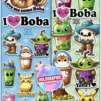 I Love Boba Stickers – 10 collectible holographic designs featuring cute characters and bubble tea cups, including sloth, alien, cactus, and boba-themed friends, perfect for flat vending machines.