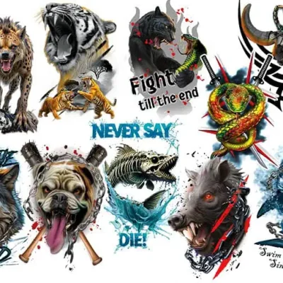 Ink Attack Tattoos – 10 bold designs featuring tigers, wolves, sharks, bulldogs, snakes, and fierce animal art with phrases like ‘Fight till the end’ and ‘Never say die,’ ideal for flat vending machines.