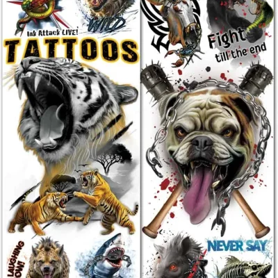 Ink Attack Tattoos – 10 bold designs featuring tigers, wolves, sharks, bulldogs, snakes, and fierce animal art with phrases like ‘Fight till the end’ and ‘Never say die,’ ideal for flat vending machines.