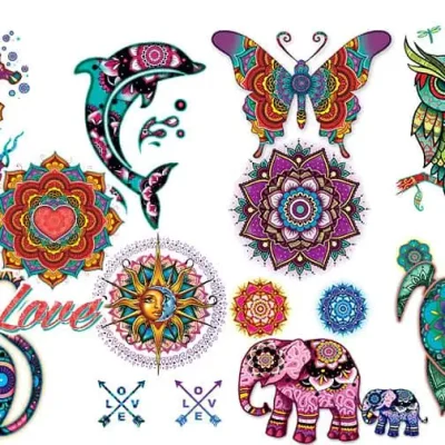 Mandala Tattoos – 10 vibrant mandala-style tattoo designs featuring elephants, turtles, butterflies, owls, dolphins, and floral hearts with colorful geometric patterns for flat vending machines.