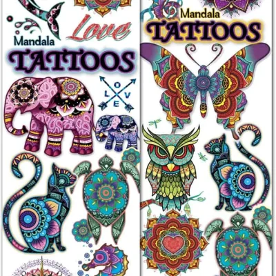 Mandala Tattoos – 10 vibrant mandala-style tattoo designs featuring elephants, turtles, butterflies, owls, dolphins, and floral hearts with colorful geometric patterns for flat vending machines.