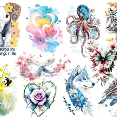 Pretty Things Tattoos – 10 colorful tattoo designs featuring butterflies, wolves, elephants, flowers, and positive quotes like ‘Never forget the good things in life,’ ideal for flat vending machines.