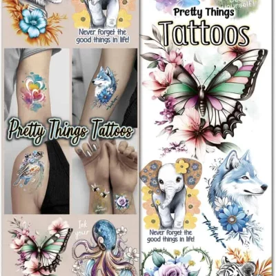 Pretty Things Tattoos – 10 colorful tattoo designs featuring butterflies, wolves, elephants, flowers, and positive quotes like ‘Never forget the good things in life,’ ideal for flat vending machines.