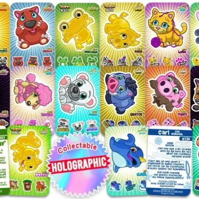 Squishland Holographic Stickers – 15 collectible animal characters including penguin, monkey, pig, fox, and golden trophy editions, bright holographic designs for flat vending machines.