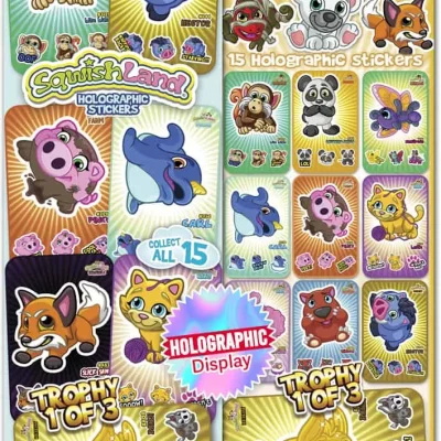Squishland Holographic Stickers – 15 collectible animal characters including penguin, monkey, pig, fox, and golden trophy editions, bright holographic designs for flat vending machines.