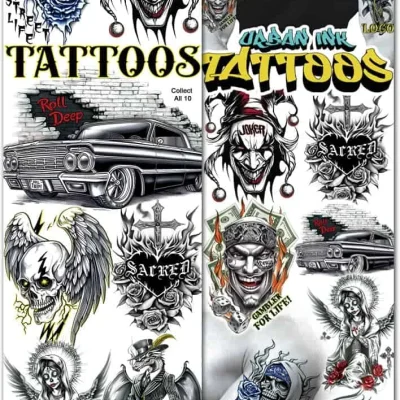 Urban Ink Tattoos – 10 collectible tattoo designs featuring skulls, lowriders, roses, angels, and gothic art in black and gray street-style illustrations for flat vending machines.
