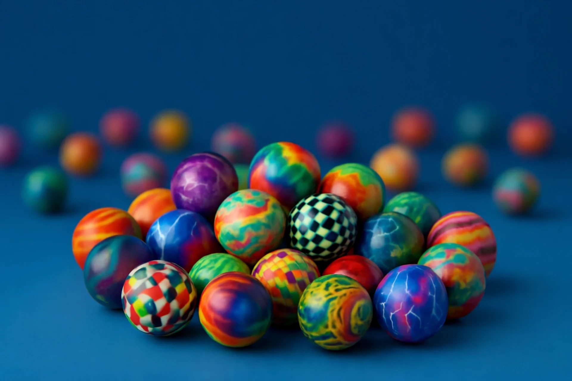 Assorted bouncy balls in bright colors on a blue background