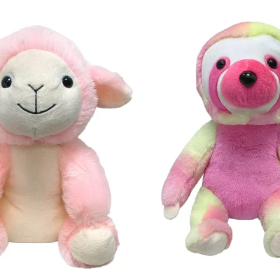 Alt text: Pink Lamb Plush And Rainbow Sloth Plush Side By Side On White Background