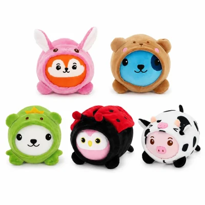 Assorted costume animal plush toys on a white background featuring a bunny, bear, frog, ladybug, and cow design. Soft stuffed plush assortment for claw machines, crane games, redemption prizes, amusement centers, retail gift shops, and carnival prizes.