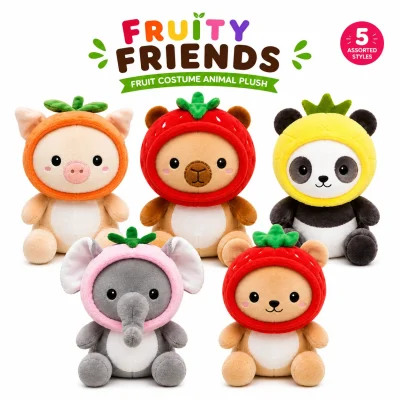 Fruity Friends fruit costume animal plush assortment featuring five adorable plush characters including a strawberry bear, strawberry teddy, pineapple panda, orange pig, and pink elephant. Perfect 7-inch crane machine prizes, claw machine toys, redemption prizes, arcades, carnivals, and amusement centers.