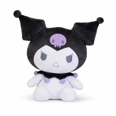 Hello Kitty Kuromi plush with black jester hood and purple skull, seated desktop plush toy on white background