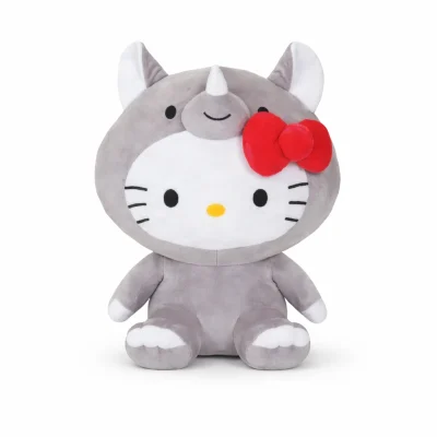 Hello Kitty plush dressed in a gray rhino costume with red bow, seated desktop plush toy on white background