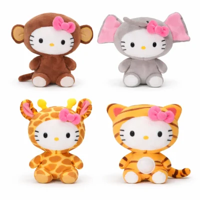 Hello Kitty jungle plush assortment showing four animal dress-up styles in a 2x2 grid including monkey, elephant, giraffe, and tiger on a white background
