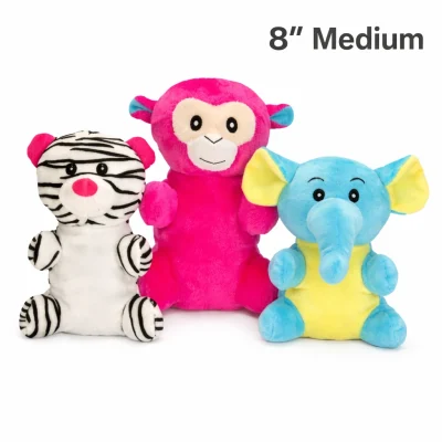 Assorted jungle animal plush toys in 8-inch medium size featuring zebra, monkey, and elephant designs on a white background