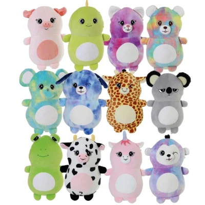 Kawaii plush animal assortment featuring pastel and tie-dye characters, soft rounded bodies and embroidered faces, 7-inch plush toys in a 200-count bulk mix on a white background.