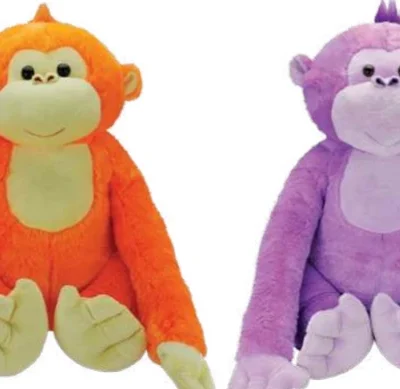 Orange and purple monkey plush toys with soft fur and long arms, shown sitting upright on a white background