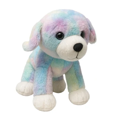 Pastel sherbet plush dog with soft tie-dye fur in blue, pink, mint, and lavender, featuring floppy ears and white paws on a clean white background.