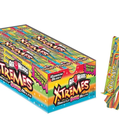 Airheads Xtremes Rainbow Berry sour belts bulk candy display box with colorful sweet and sour belts inside