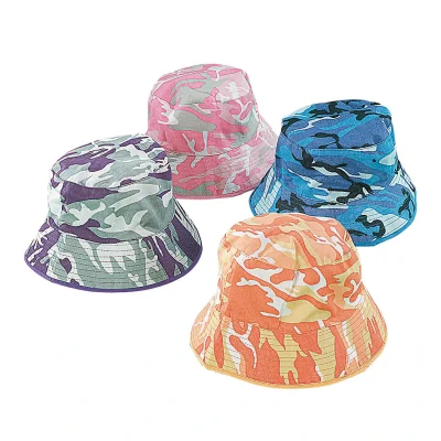 Assorted camouflage adult bucket hats made from polyester