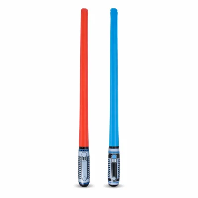 Red and blue inflatable light saber toy prizes with printed handles on a white background