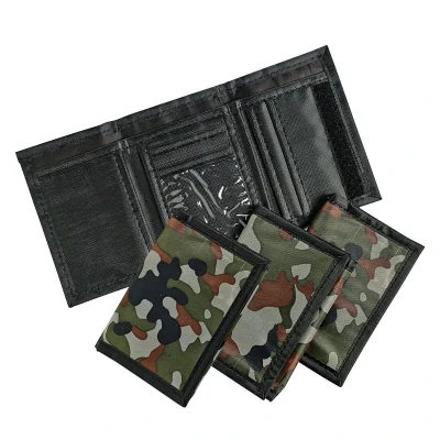 Camouflage nylon wallets with interior pockets and touch fastener, retail-ready prize wallets for arcade redemption and events