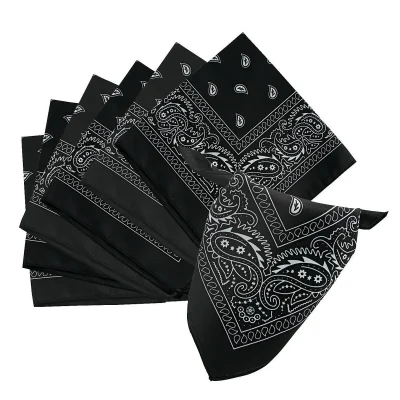 Classic black paisley bandanas with white paisley pattern, polyester fabric, 20 inch square, bulk pack for events, costumes, and prizes