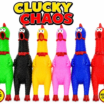 Clucky Chaos 6.5-inch assorted color rubber screaming chickens for bulk vending, arcade prizes, crane machines, redemption counters, party favors, and novelty toy giveaways.