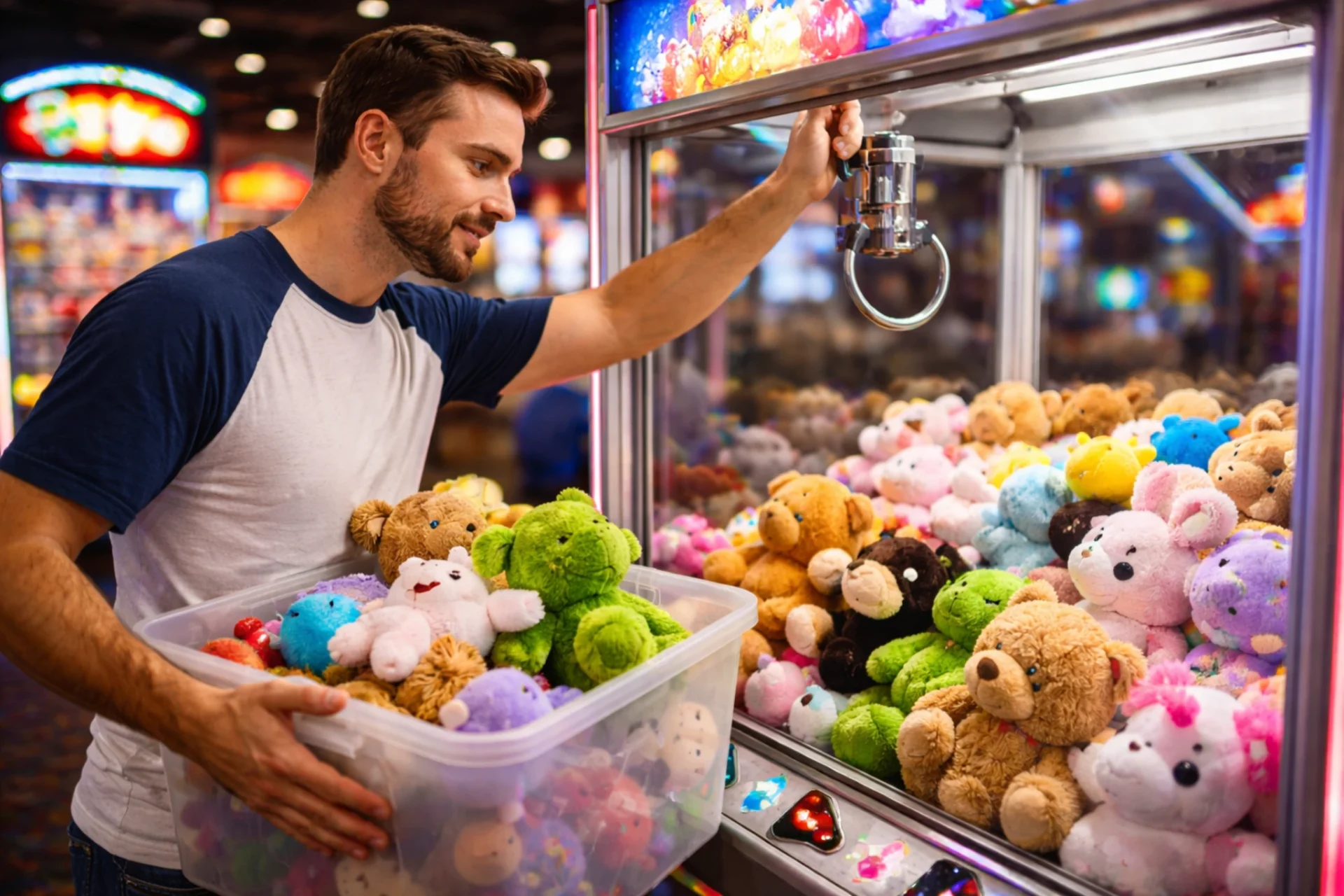 Crane operator loading plush toys into a crane machine