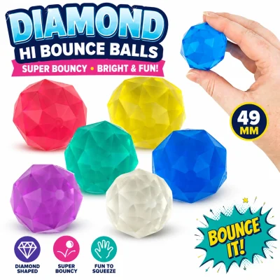 49mm Diamond Hi-Bounce Balls assortment featuring colorful diamond-shaped rubber bouncy balls with hand showing actual size on a white background, ideal for vending machines, claw machines, prize redemption, and arcade games.