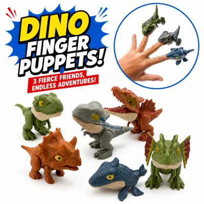 Dino Finger Puppets assortment featuring six realistic dinosaur finger puppet toys with an interactive hand demonstration on a white background, ideal for vending machines, redemption prizes, party favors, classroom rewards, and novelty toy collections.