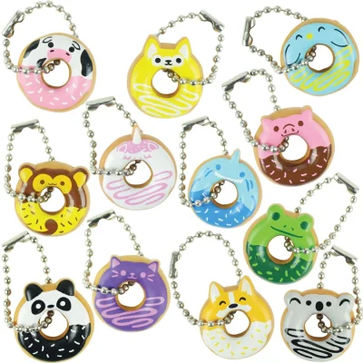 Animal donut keychains featuring cute characters like panda, cat, frog, pig, corgi, llama, koala, and fox with ball chains