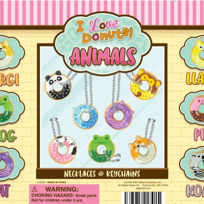 I Love Donuts Animals display card showing animal donut necklaces and keychains for vending and prize machines
