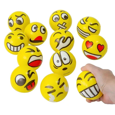 Emoji Face Squishy Stress Balls With Assorted Expressions Shown Loose And Squeezed In Hand