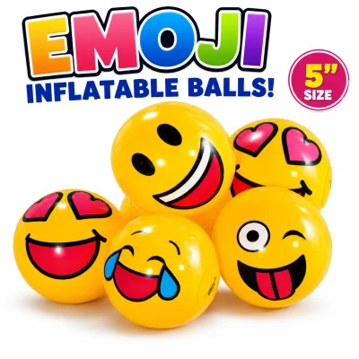 5-inch inflatable emoji vinyl balls assortment featuring smiley face, heart eyes, laughing tears, and winking tongue-out designs on a white background for prize machines, carnivals, and party favors.