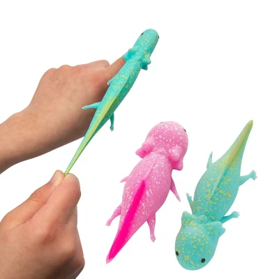 Flying axolotl flinger toys made of stretchy rubber in assorted colors, novelty launch toys for bulk vending machines and arcades