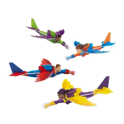 Foam superhero glider airplanes in assorted colors for arcade and redemption prizes