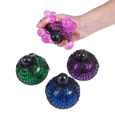 Hand squeezing glitter light up water bead stress ball with mesh netting