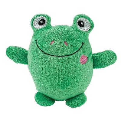 Green frog plush prize with friendly smile, cute stuffed animal for arcades, crane machines, and redemption centers