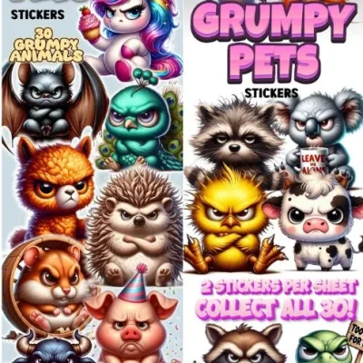 Grumpy Pets stickers featuring cute angry animals including sloth, unicorn, hedgehog, raccoon, pig, cow, turtle, owl, and koala in a colorful collectible set