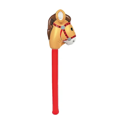 Inflatable Stick Horse Toy With Brown Mane And Red Riding Stick On White Background