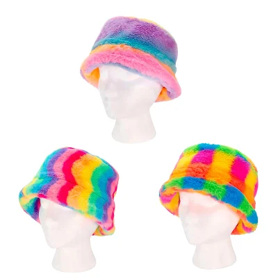 Plush rainbow bucket hats for kids displayed on mannequin heads, 6 inch wearable plush prize for arcades and events