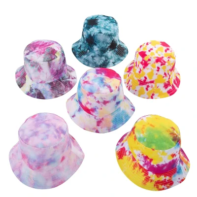 Assorted tie-dye kids bucket hats made from polyester