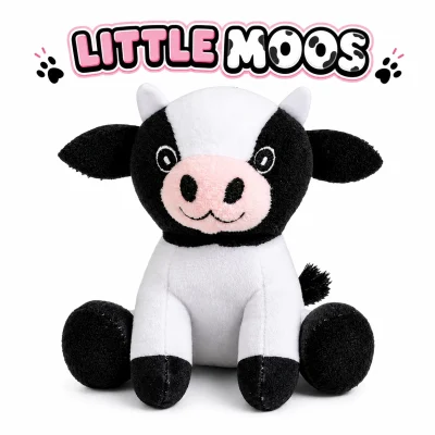 Little Moos plush cow sitting on a white background with a cute black-and-white design, pink snout, floppy ears, and a playful “LITTLE MOOS” title above featuring pink accents and hoof-print graphics.