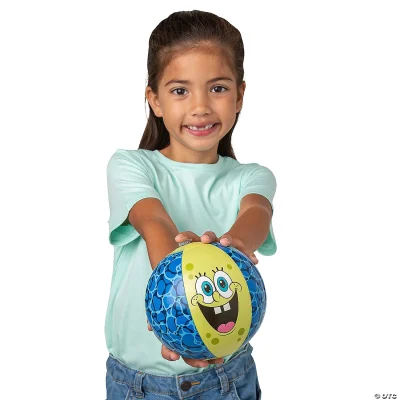Child holding mini inflatable SpongeBob SquarePants vinyl beach ball showing size and scale, licensed redemption prize