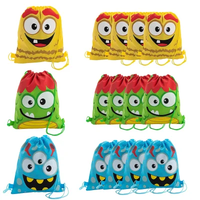 Blue silly monster drawstring backpack made from nonwoven polypropylene with cartoon face design, lightweight reusable kids bag