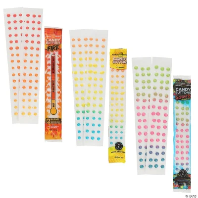 Retro candy buttons on paper strips assortment featuring classic fruit, sour fruit, and fire cinnamon flavors